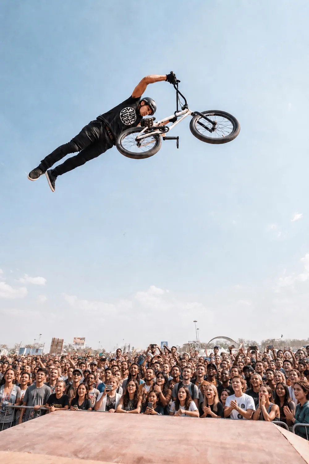StuntDudes rider stretched into a superman high above the fair crowd